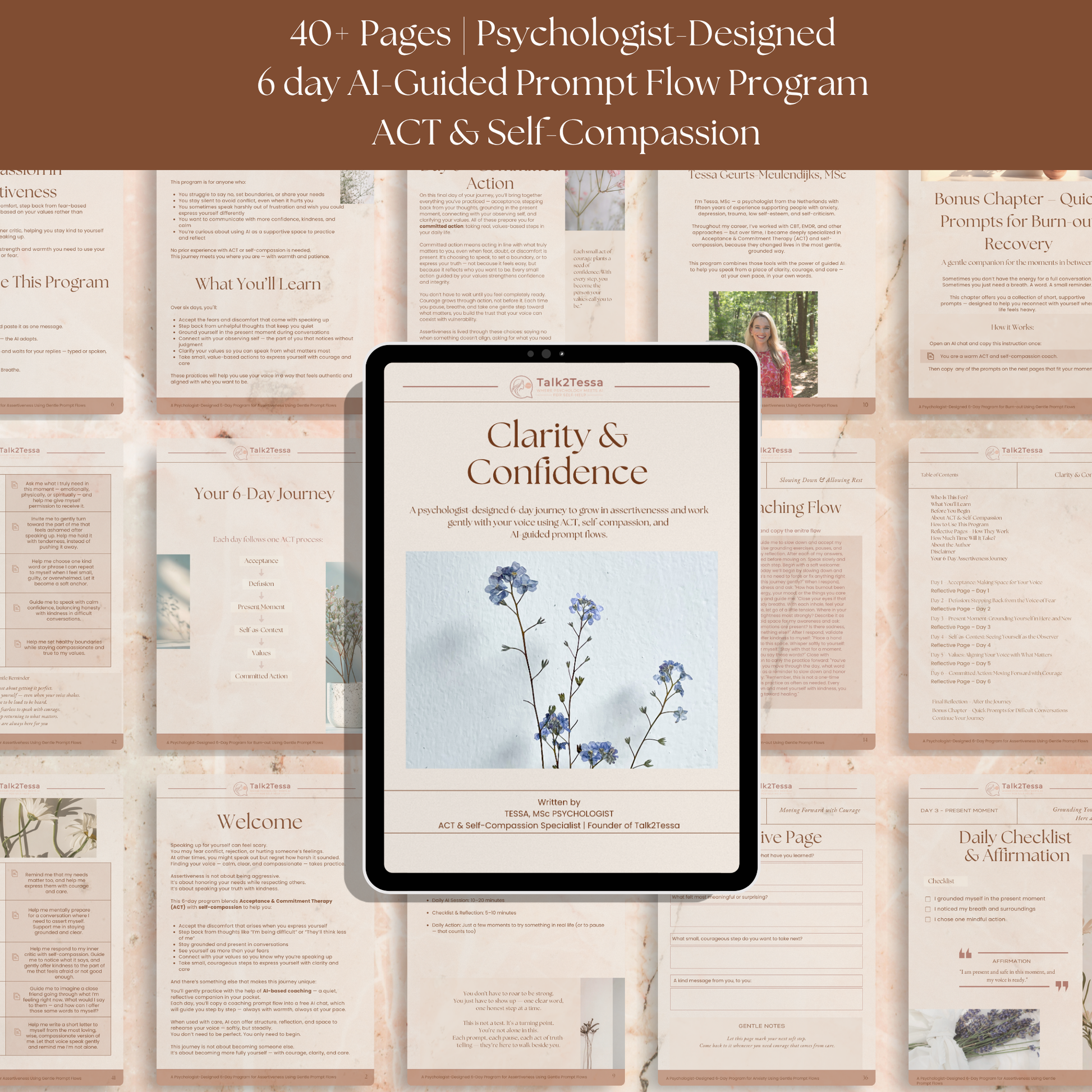 Preview of inside pages from the Clarity & Confidence 6-Day Program by Talk2Tessa, psychologist-designed ACT & self-compassion workbook for assertiveness and clear communication.