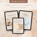 Compassionate & Confident Recovery Bundle cover image — psychologist-guided AI self-help ACT-based digital workbook bundle for burn-out recovery, self-compassion, assertiveness and confidence by Talk2Tessa; printable mental health PDF program for gentle healing and personal growth.