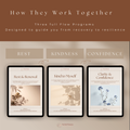 How They Work Together visual for the Compassionate & Confident Recovery Bundle — showing three psychologist-guided AI self-help ACT workbooks: Rest & Renewal for burn-out recovery, Kind to Myself for self-compassion, and Clarity & Confidence for assertiveness and boundaries. Together they form a gentle digital self-help journey for emotional balance, confidence, and mindful growth by Talk2Tessa.