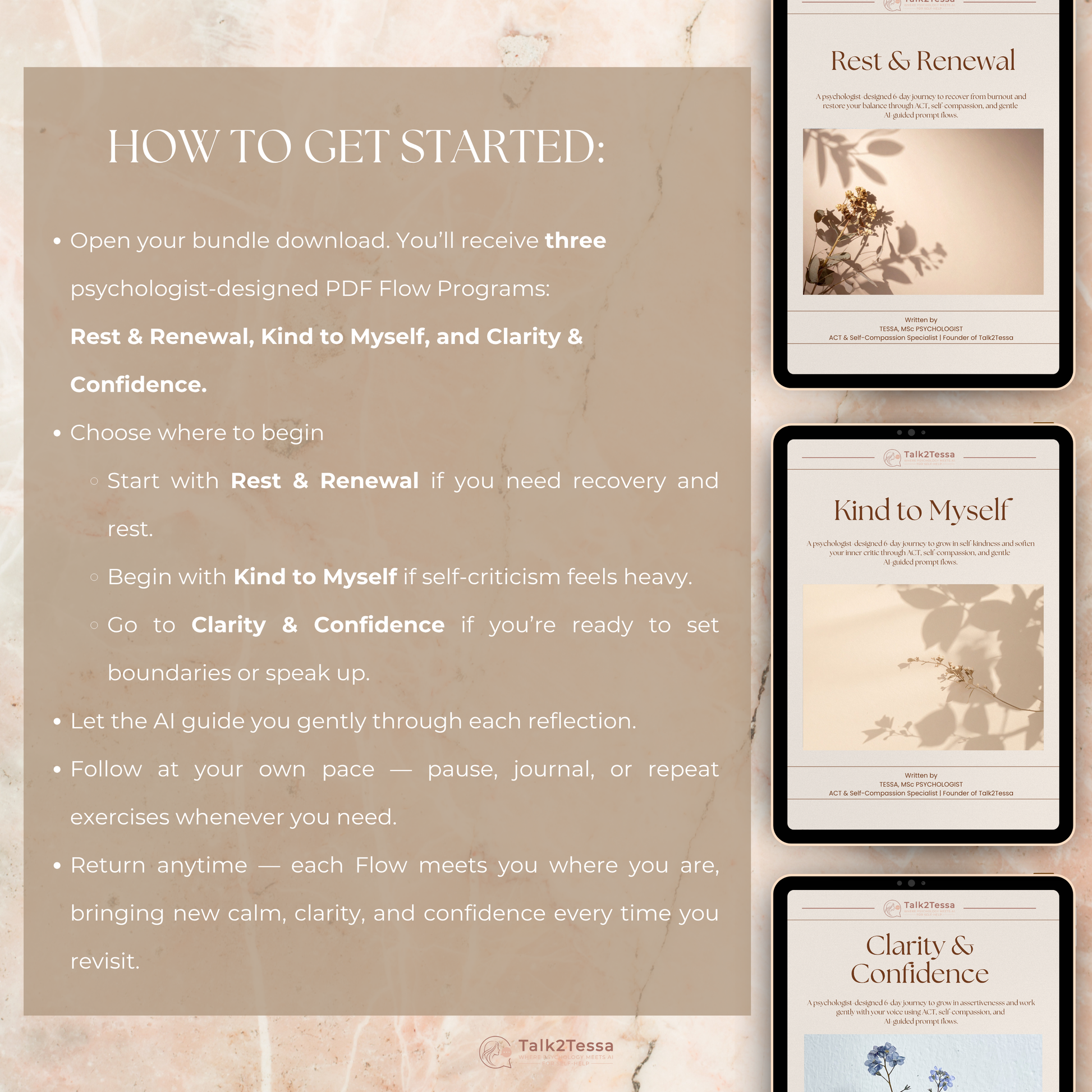 How to Get Started visual for the Compassionate & Confident Recovery Bundle — step-by-step guide showing how to use three psychologist-guided AI self-help ACT workbooks: download the PDFs, copy the AI Coaching Flow into ChatGPT or Gemini, and follow gentle reflections for burn-out recovery, self-compassion and confidence. A calm Japandi-style layout by Talk2Tessa for mindful self-growth.
