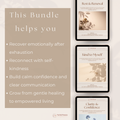 This Bundle Helps You visual for the Compassionate & Confident Recovery Bundle — AI-guided, psychologist-designed ACT self-help workbooks by Talk2Tessa for burn-out recovery, self-compassion and confidence. Highlights how the three programs help you rest without guilt, rebuild self-kindness and set calm boundaries through gentle AI coaching and printable PDF reflections.