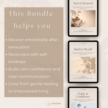 This Bundle Helps You visual for the Compassionate & Confident Recovery Bundle — AI-guided, psychologist-designed ACT self-help workbooks by Talk2Tessa for burn-out recovery, self-compassion and confidence. Highlights how the three programs help you rest without guilt, rebuild self-kindness and set calm boundaries through gentle AI coaching and printable PDF reflections.