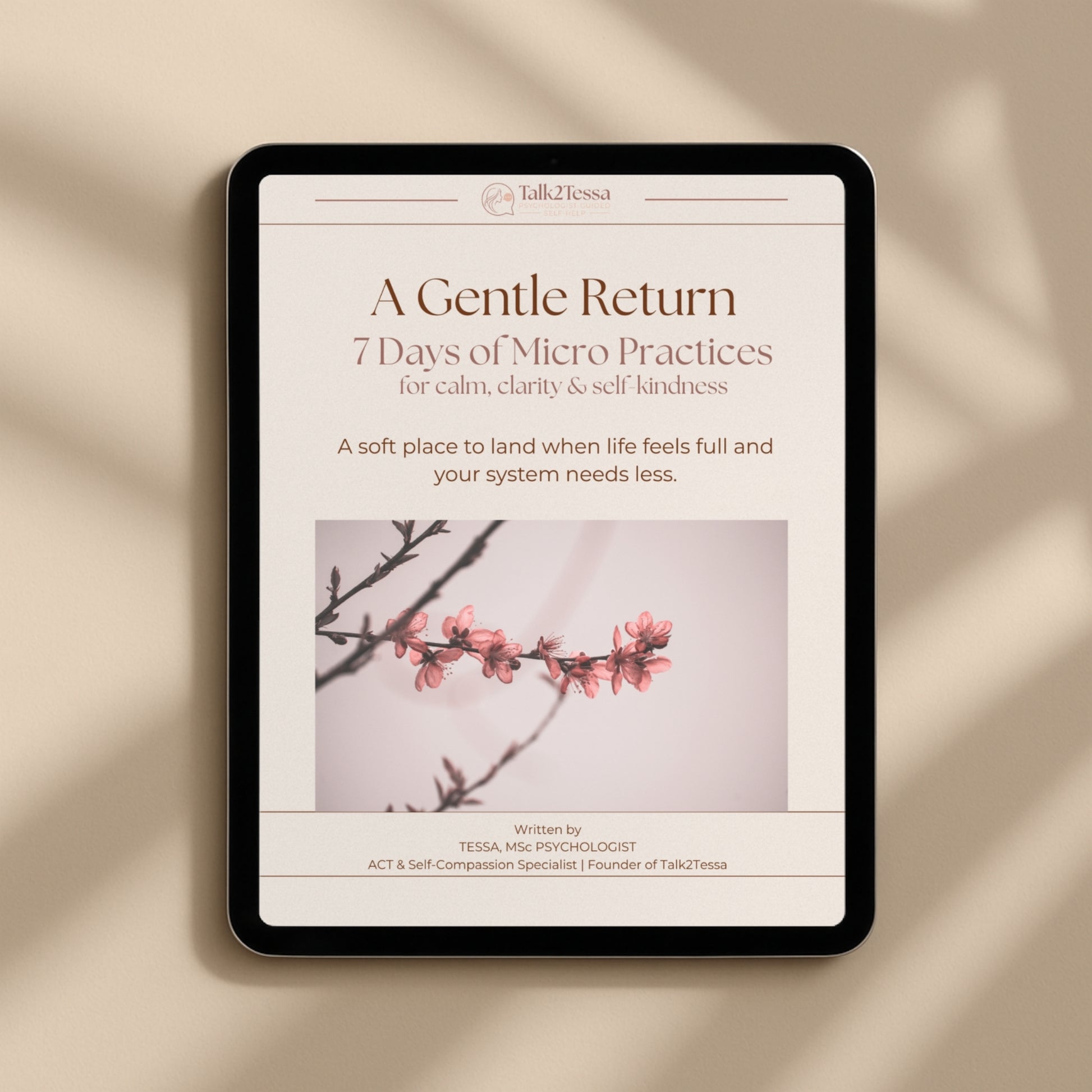 A Gentle Return digital self-help page for gentle reflection, self-compassion, and returning to yourself with Talk2Tessa.