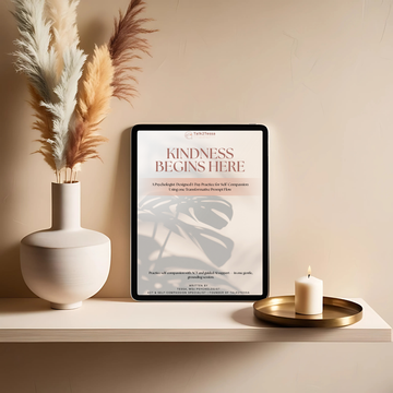 Cover image for the 1-Day Self-Compassion Program 'Kindness Begins Here' by Tessa, MSc, psychologist, focused on ACT and self-compassion for nurturing inner kindness in a personal growth workbook design