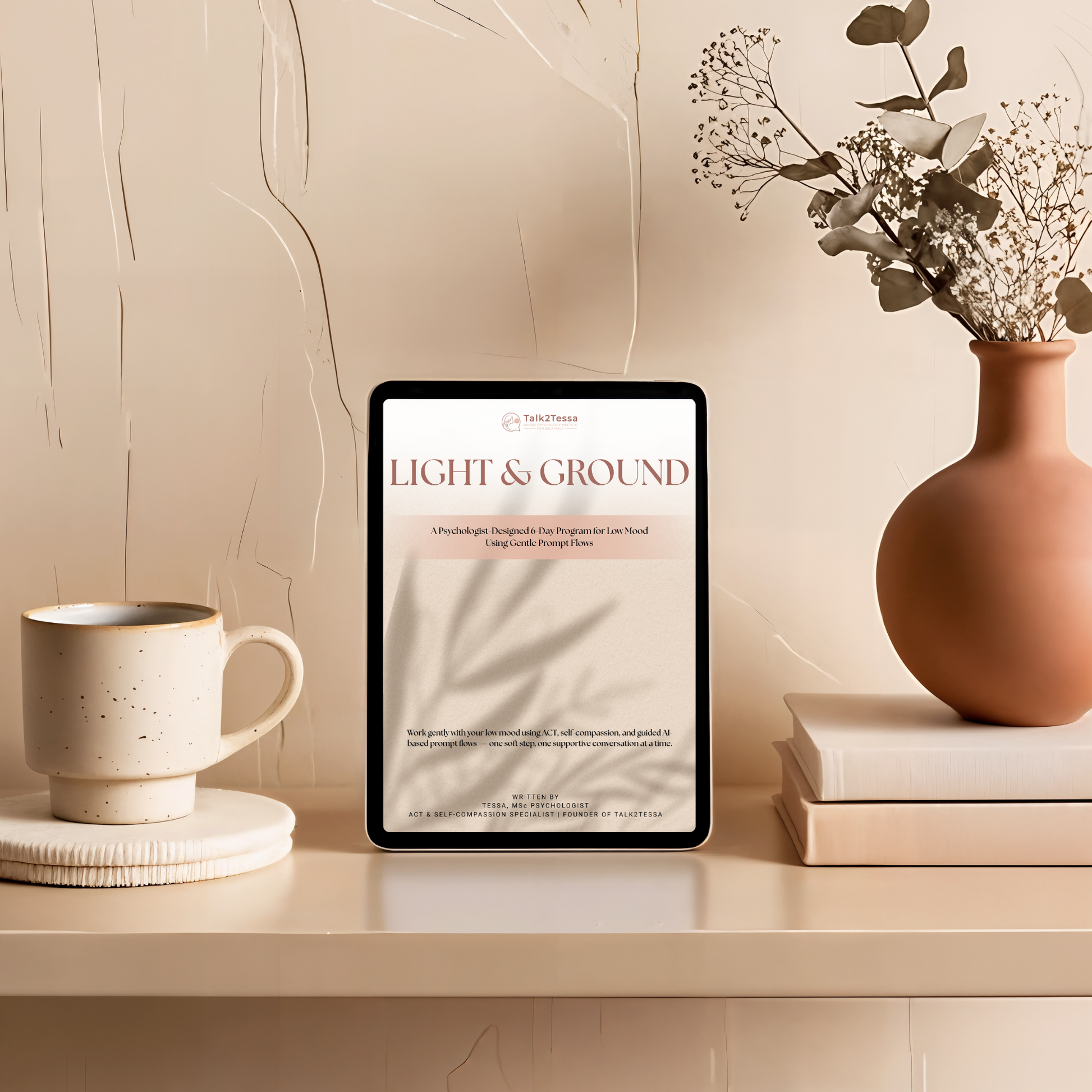 Cover image for the 6-Day Low Mood Program 'Light & Ground' by Tessa, MSc, psychologist, focused on ACT and self-compassion to lift mood and promote emotional balance in a personal growth workbook design.