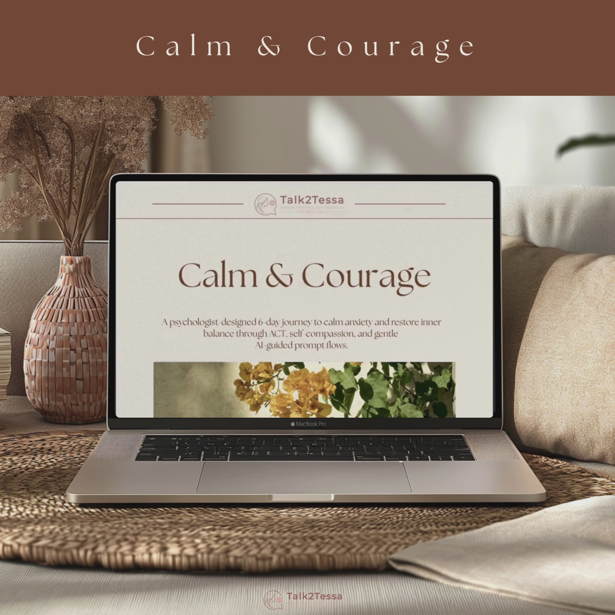 Scrolling video preview of Calm & Courage – A Psychologist-Designed 6-Day Program for Anxiety Using Gentle Prompt Flows by Talk2Tessa, showing ACT and self-compassion exercises, reflective pages, and AI-guided prompt flows for gentle anxiety support.