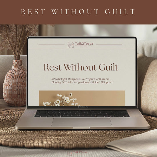 Scrolling video preview of “Rest Without Guilt – A 1-Day Burn-Out Recovery Program” by Talk2Tessa, a psychologist-designed digital self-help workbook combining Acceptance & Commitment Therapy (ACT), self-compassion, and psychologist-guided prompts to release burnout guilt, restore calm energy, and help you rest without shame. Includes affirmations, reflection pages, and a gentle coaching flow for emotional recovery.