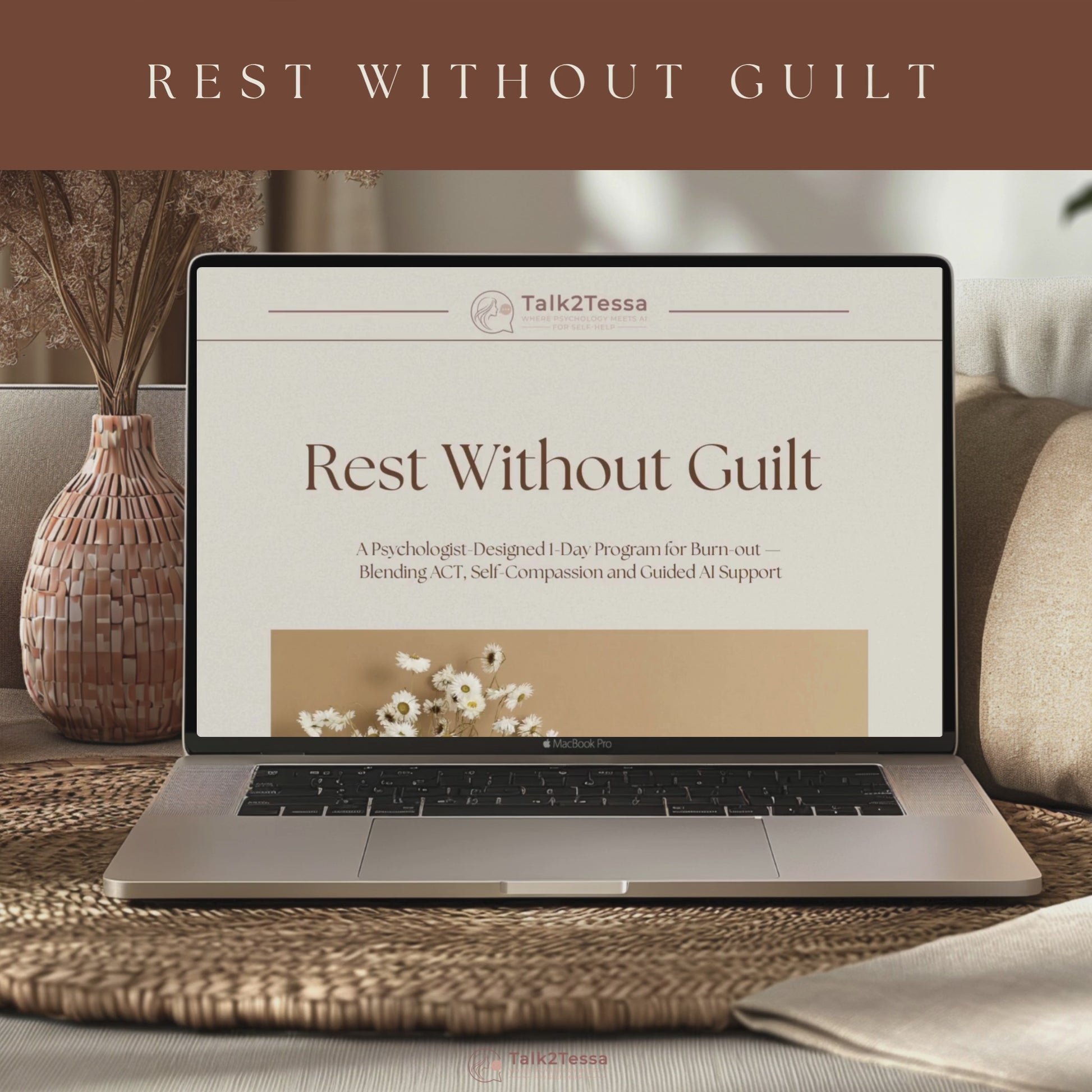 Scrolling video preview of “Rest Without Guilt – A 1-Day Burn-Out Recovery Program” by Talk2Tessa, a psychologist-designed digital self-help workbook combining Acceptance & Commitment Therapy (ACT), self-compassion, and AI-guided prompt flows to release burnout guilt, restore calm energy, and help you rest without shame. Includes affirmations, reflection pages, and a gentle coaching flow for emotional recovery.