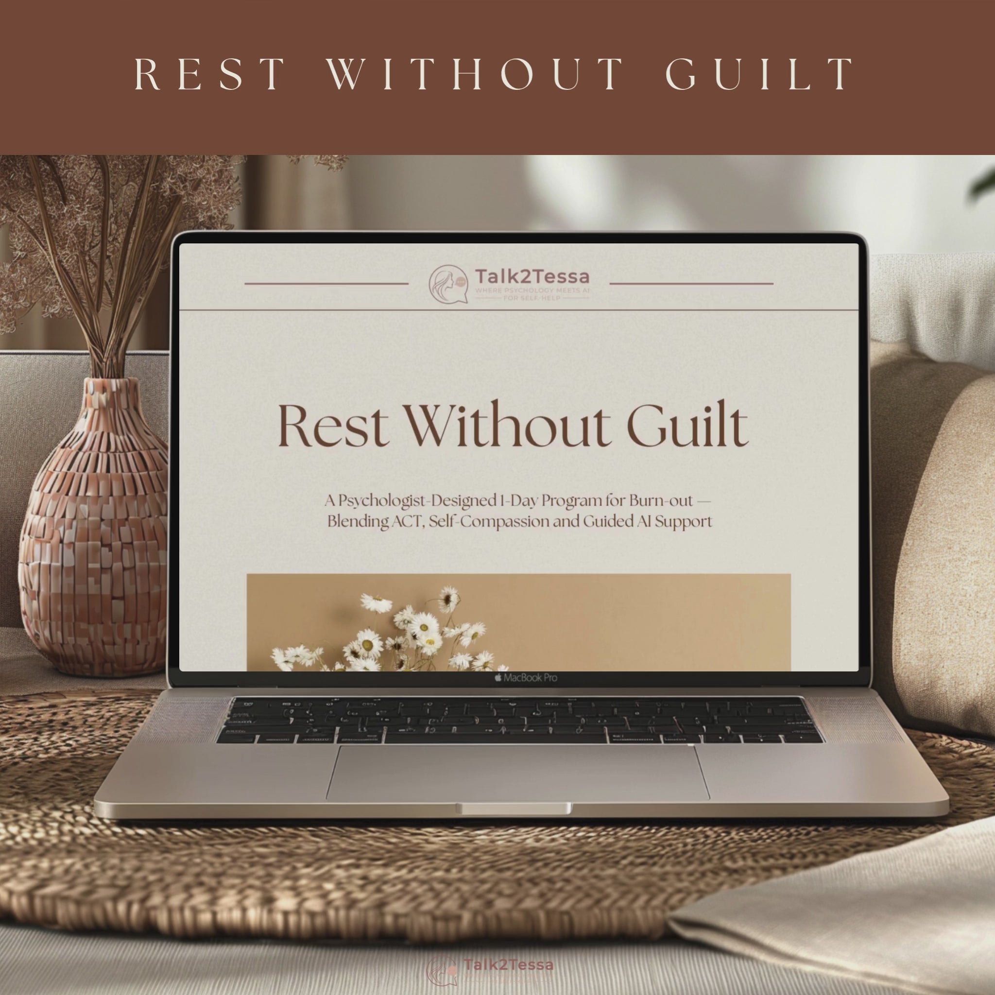 Scrolling video preview of “Rest Without Guilt – A 1-Day Burn-Out Recovery Program” by Talk2Tessa, a psychologist-designed digital self-help workbook combining Acceptance & Commitment Therapy (ACT), self-compassion, and AI-guided prompt flows to release burnout guilt, restore calm energy, and help you rest without shame. Includes affirmations, reflection pages, and a gentle coaching flow for emotional recovery.