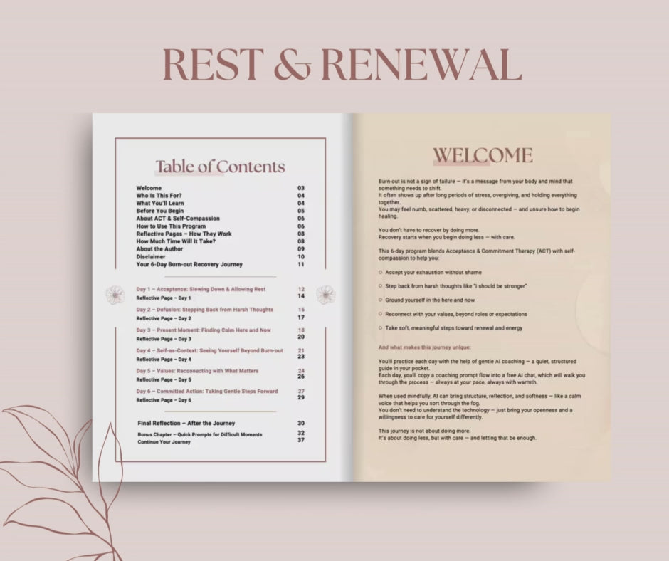 What's Inside video overview for the 6-day program 'Rest Renewal– Burn-out Relief' by Talk2Tessa. Includes daily AI-guided prompt flows, checklists, affirmations, and reflective pages designed by a psychologist, blending ACT and self-compassion in a pdf workbook.