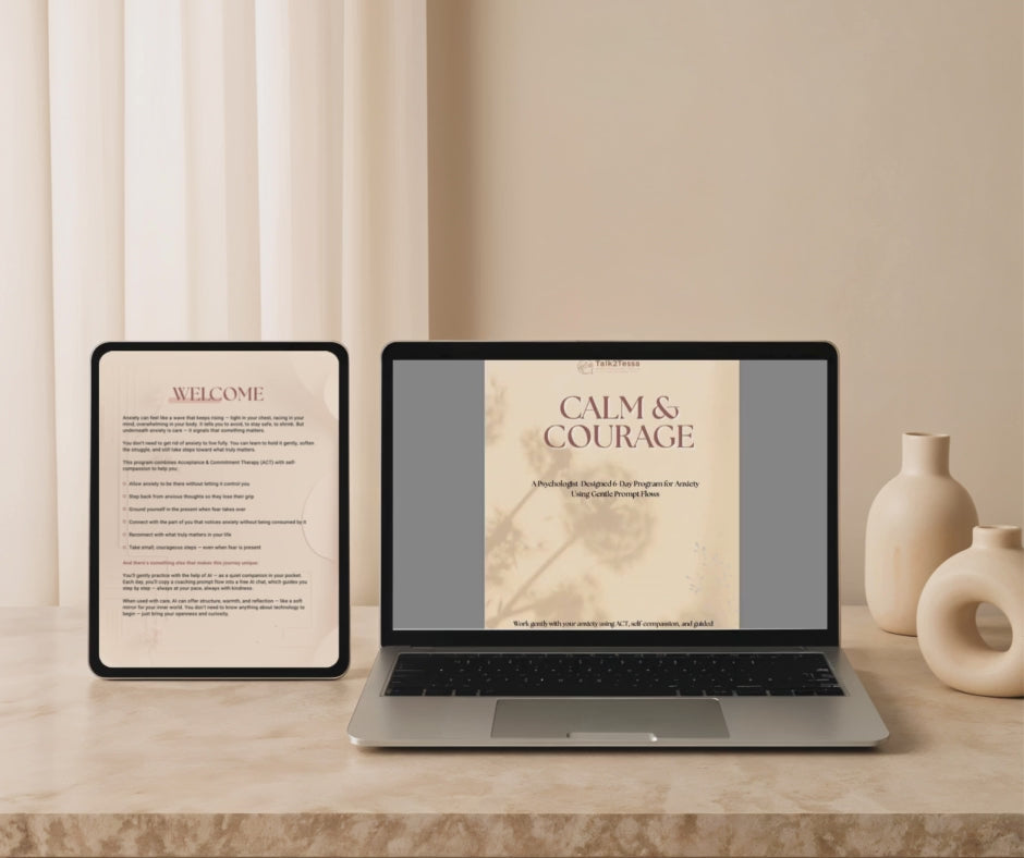 What's Inside video for the 6-day program 'Calm & Courage – Anxiety Relief' by Talk2Tessa. Includes daily AI-guided prompt flows, checklists, affirmations, and reflective pages designed by a psychologist, blending ACT and self-compassion in a pdf workbook style.