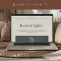 Scrolling video preview of Restful Nights – A Psychologist-Guided 6-Day Practice for Better Sleep, showing calm transitions through AI prompt pages, ACT-based reflections, and nightly affirmations in Talk2Tessa’s minimalist digital self-help design for relaxation and wellbeing.