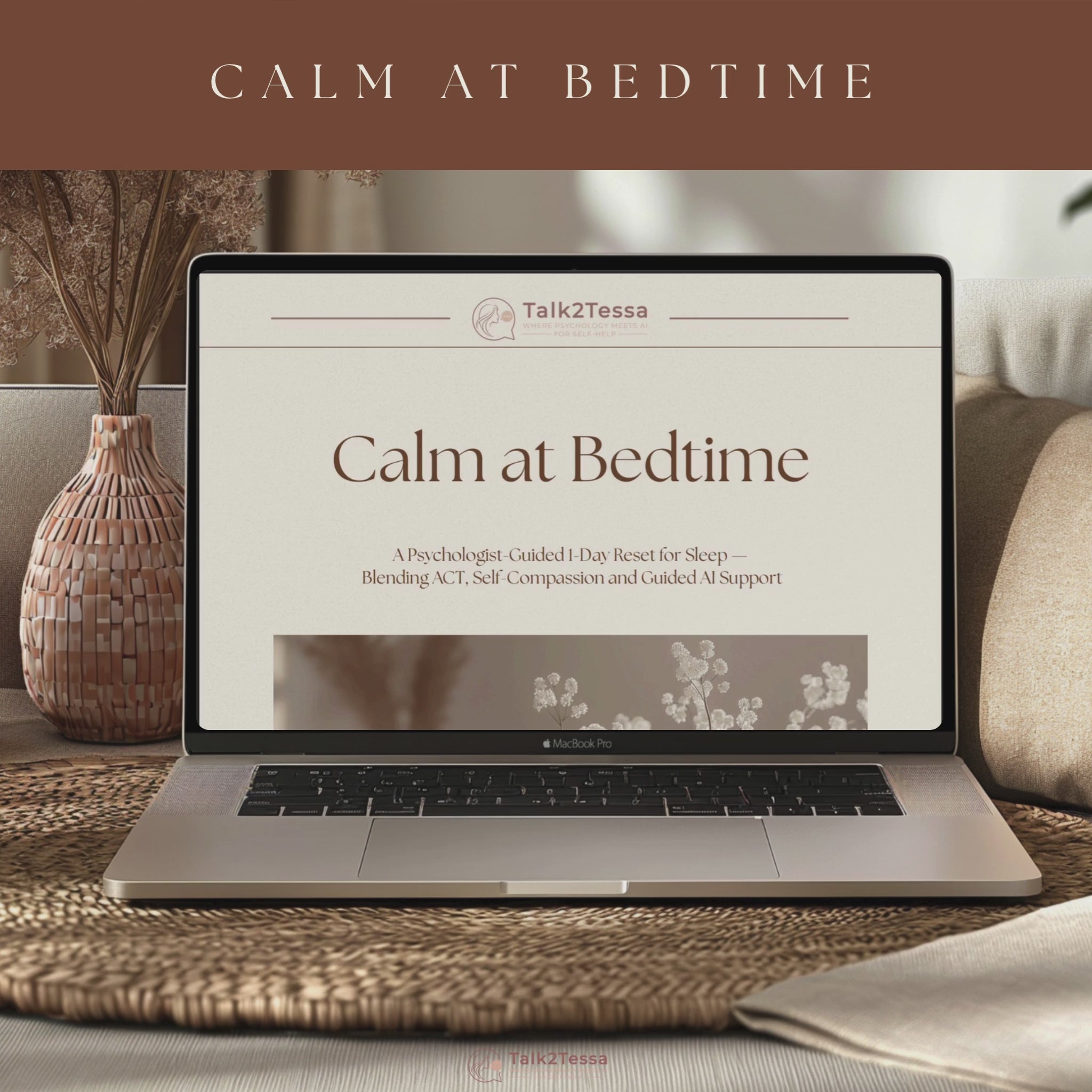 Scrolling preview video showing pages from the Calm at Bedtime digital workbook with ACT-based reflections, gentle exercises, and AI-guided sleep support.