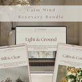 Scrolling page preview video of the Calm Mind Recovery Bundle showing interior workbook pages with ACT exercises, self-compassion reflections, AI-guided prompt flows, checklists, affirmations and psychologist-created self-help content for emotional recovery.