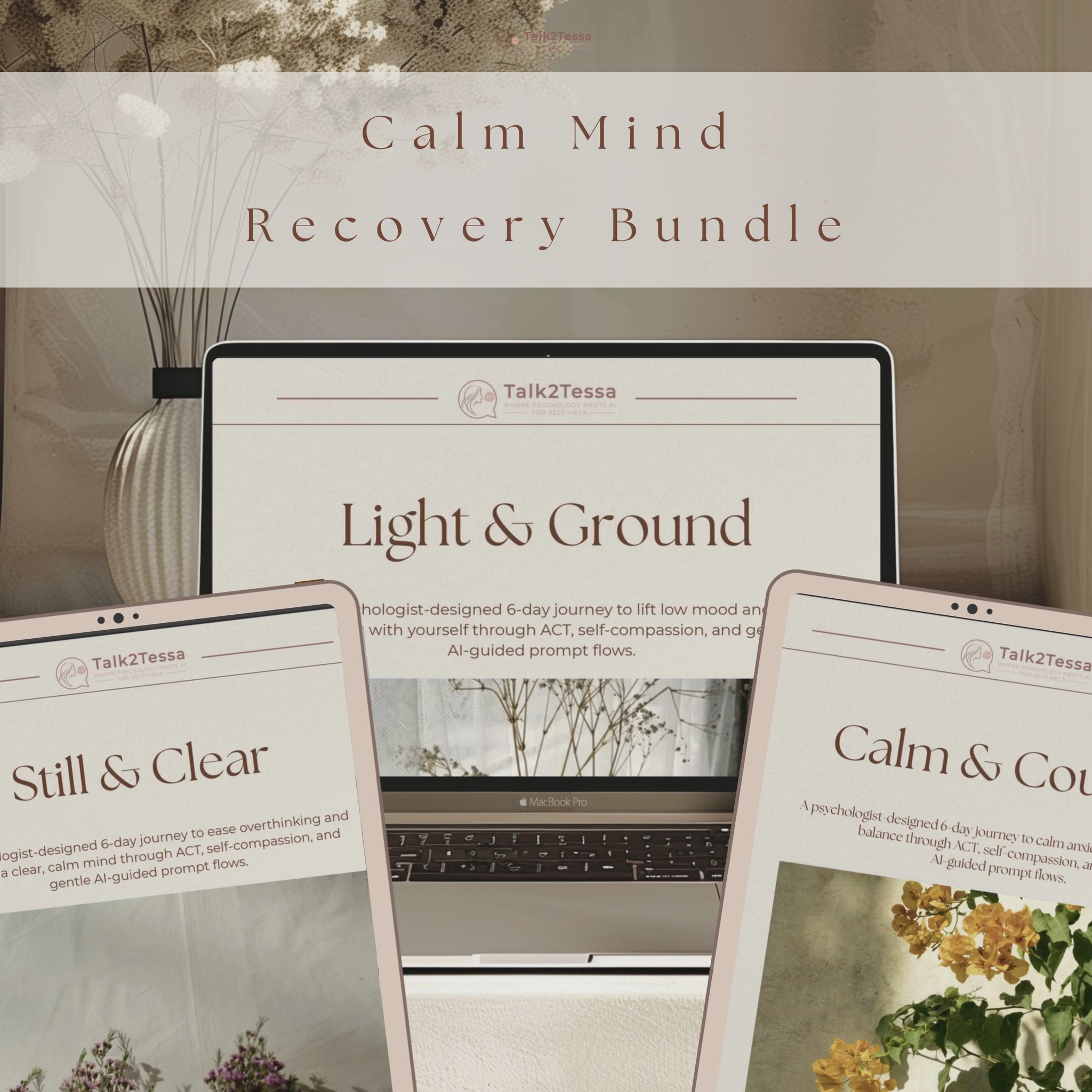 Scrolling page preview video of the Calm Mind Recovery Bundle showing interior workbook pages with ACT exercises, self-compassion reflections, AI-guided prompt flows, checklists, affirmations and psychologist-created self-help content for emotional recovery.