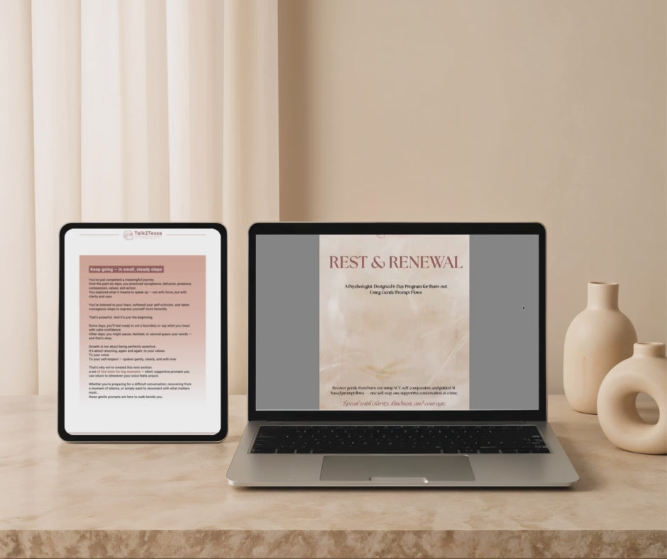 What's Inside video overview for the 6-day program 'Rest Renewal– Burn-out Relief' by Talk2Tessa. Includes daily AI-guided prompt flows, checklists, affirmations, and reflective pages designed by a psychologist, blending ACT and self-compassion in a pdf workbook.