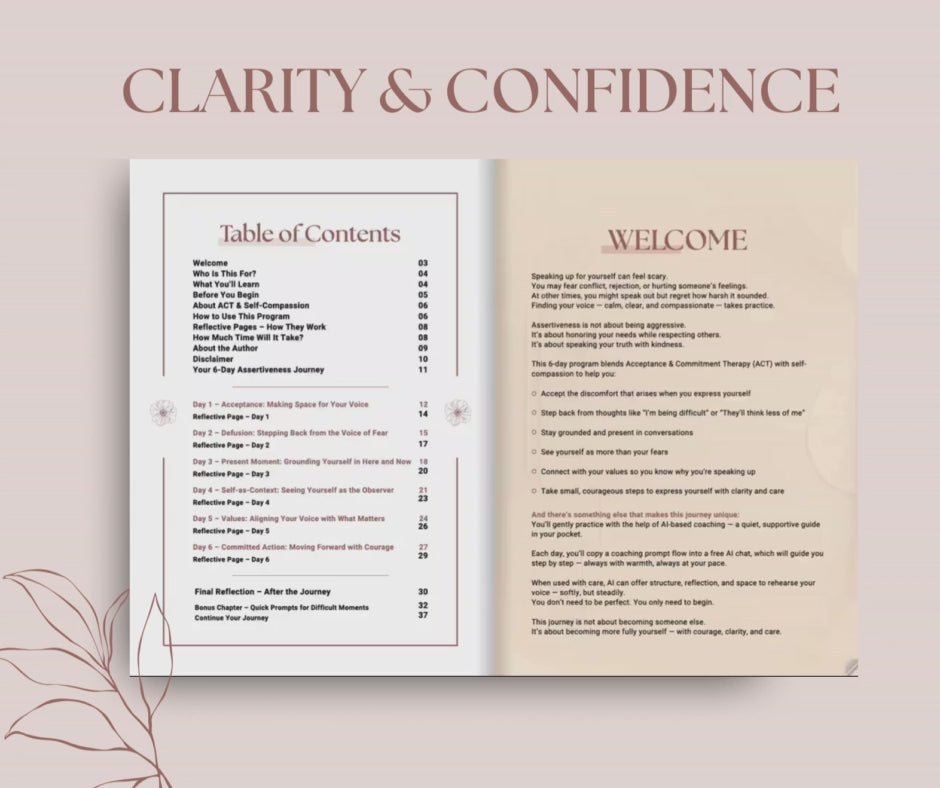 What's Inside video overview for the 6-day program 'Clarity Confidence – Assertiveness' by Talk2Tessa. Includes daily AI-guided prompt flows, checklists, affirmations, and reflective pages designed by a psychologist, blending ACT and self-compassion in a pdf workbook.