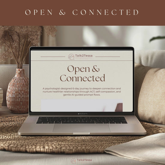 Scrolling video preview of “Open & Connected – A Psychologist-Designed 6-Day Program for Relationships Using Gentle guided prompts,” showcasing calming page designs, ACT-based reflections, and AI-guided self-help prompts that support emotional connection and compassionate communication.