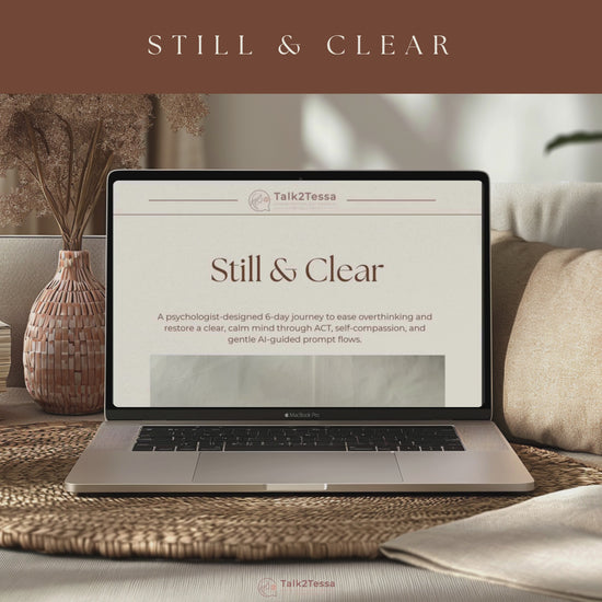 Scrolling video preview of the Still & Clear Overthinking Workbook — psychologist-designed 6-day ACT and self-compassion program with gentle psychologist-guided prompts. The video shows calm Japandi beige pages with daily reflections, chat-bubble dialogues, and soft animations inviting viewers to slow down, breathe, and find clarity.