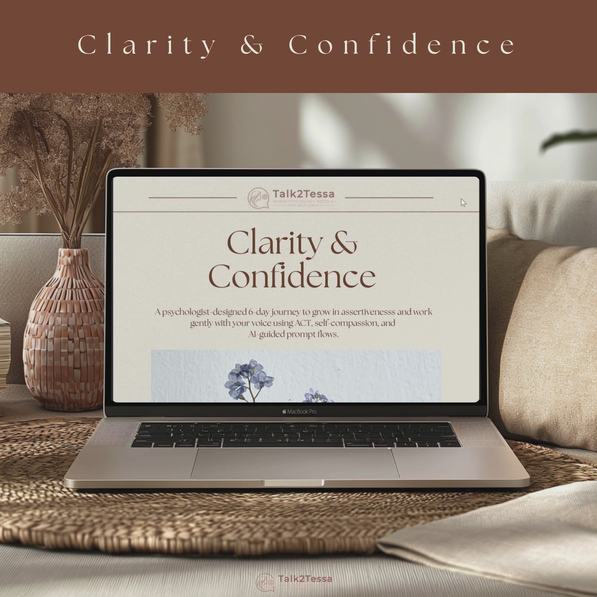 Scrolling preview video of the Clarity & Confidence 6-Day ACT & Self-Compassion program by Talk2Tessa, showing interactive AI prompt flows for assertiveness and calm communication.