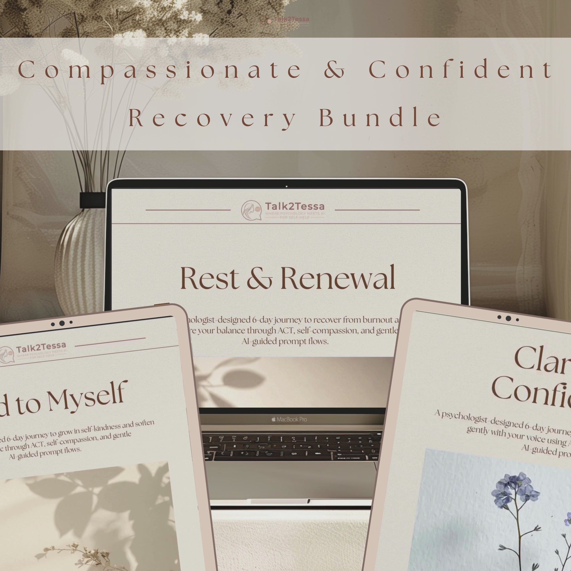 Scrolling video showcasing the Compassionate & Confident Recovery Bundle — a psychologist-guided 3-in-1 AI self-help workbook set for burn-out recovery, self-compassion and confidence by Talk2Tessa. Soft Japandi-style visuals scroll through three digital ACT workbooks: Rest & Renewal, Kind to Myself and Clarity & Confidence, highlighting gentle AI-guided coaching, reflections and affirmations for emotional balance and mindful personal growth.