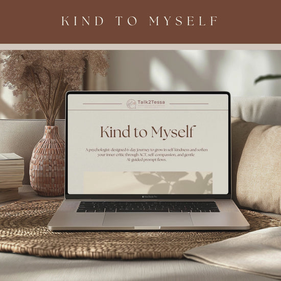Scrolling video mock-up of Kind to Myself – A Psychologist-Guided 6-Day Practice in Self-Compassion Using Gentle guided prompts, showing pages gently moving through daily ACT-based guided prompts, affirmations, and reflections — a calm, minimalist design by psychologist Tessa from Talk2Tessa blending psychology, self-compassion, and AI self-help.