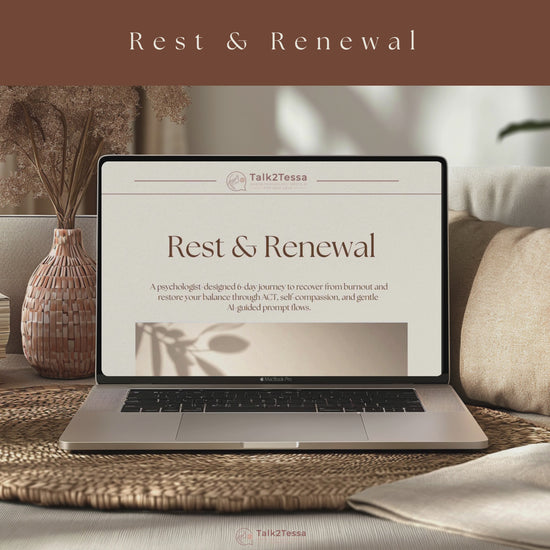 Scrolling video preview of Rest & Renewal – A Psychologist-Designed 6-Day Program for Burnout by Talk2Tessa, showing ACT and self-compassion exercises, reflective pages, and psychologist-guided prompts for burnout recovery and mental wellbeing.