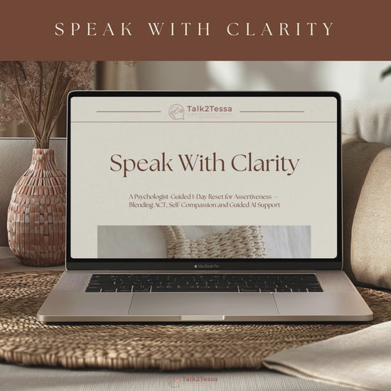 Scrolling video of the Speak With Clarity 1-Day Assertiveness Program digital workbook by Talk2Tessa, showing ACT-based assertiveness exercises, psychologist-guided prompts, confidence-building tools, boundaries and communication skills, self-compassion practices, and psychologist-designed self-help content.