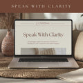 Scrolling video of the Speak With Clarity 1-Day Assertiveness Program digital workbook by Talk2Tessa, showing ACT-based assertiveness exercises, AI coaching prompt flows, confidence-building tools, boundaries and communication skills, self-compassion practices, and psychologist-designed self-help content.