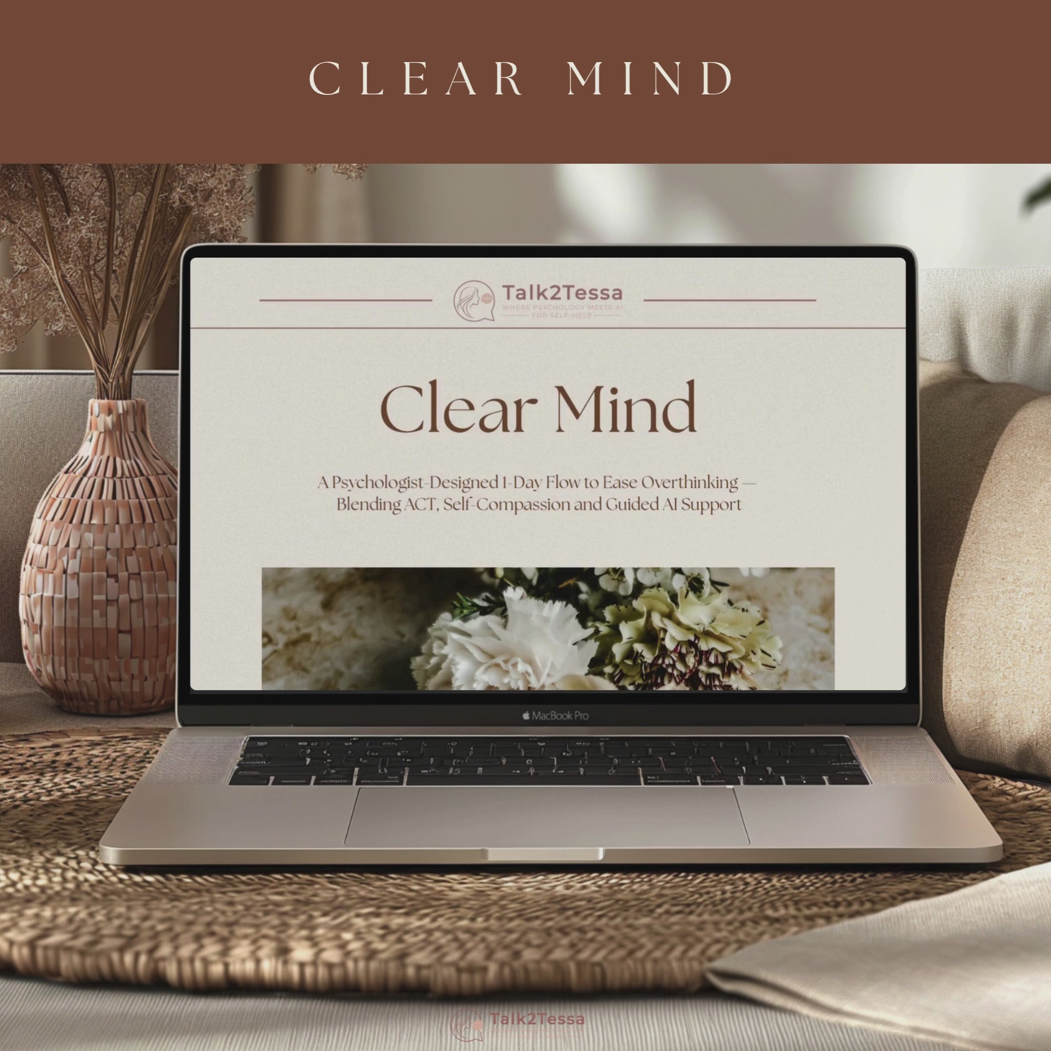 Scrolling video preview of “Clear Mind – A 1-Day Flow for Overthinking” by Talk2Tessa. Psychologist-designed ACT and mindfulness self-help workbook showing inside pages with AI coaching prompt flow, reflection questions, affirmations, and quick prompts for overthinking relief, calm mind, and mental clarity. Digital PDF program created by Tessa, MSc Psychologist, blending psychology, self-compassion, and AI-guided support for anxiety, stress, and racing thoughts.