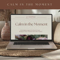 Scrolling video showcasing the Calm in the Moment anxiety workbook, including grounding questions, ACT guidance, reflection pages, and the AI Coaching Flow.