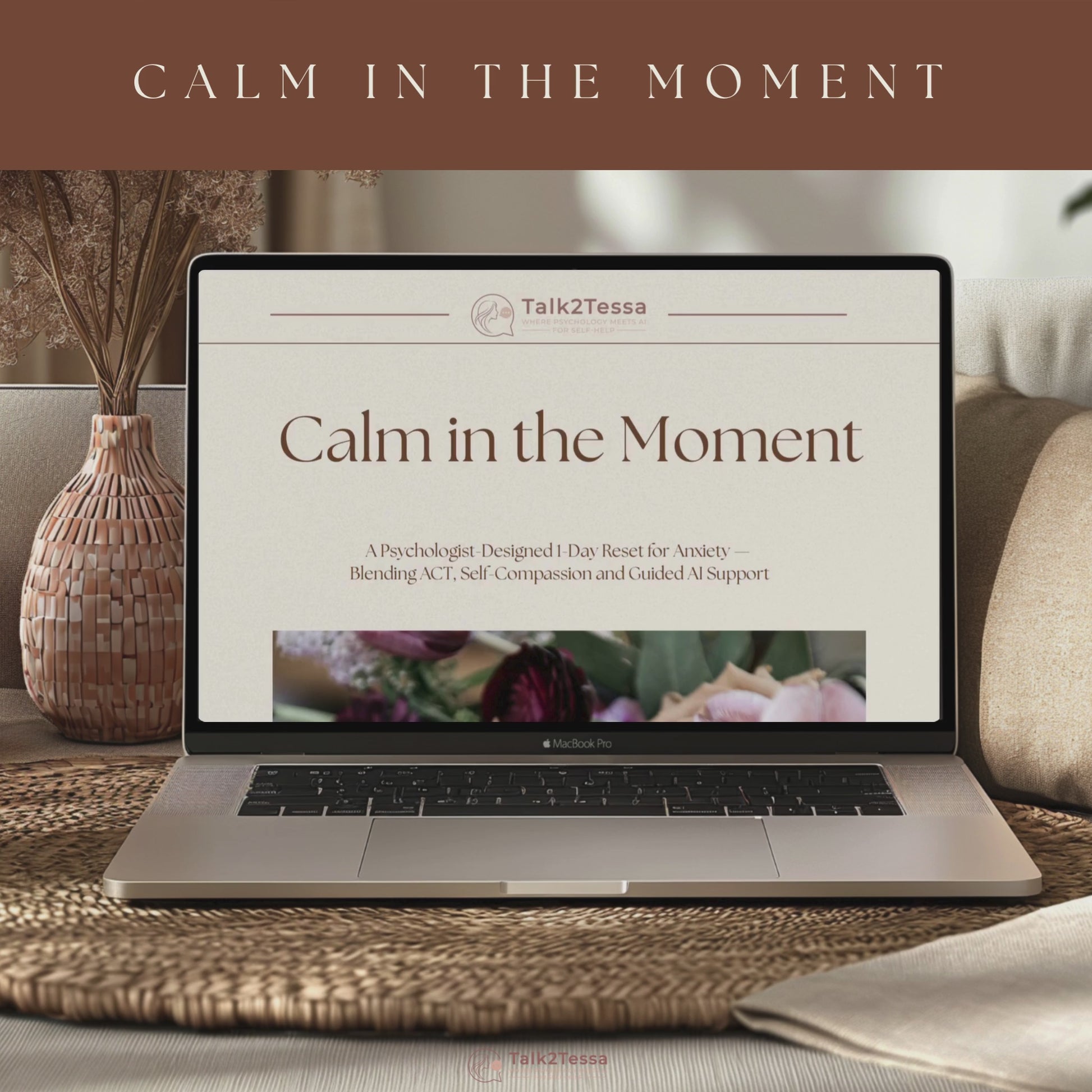 Scrolling video showcasing the Calm in the Moment anxiety workbook, including grounding questions, ACT guidance, reflection pages, and the AI Coaching Flow.