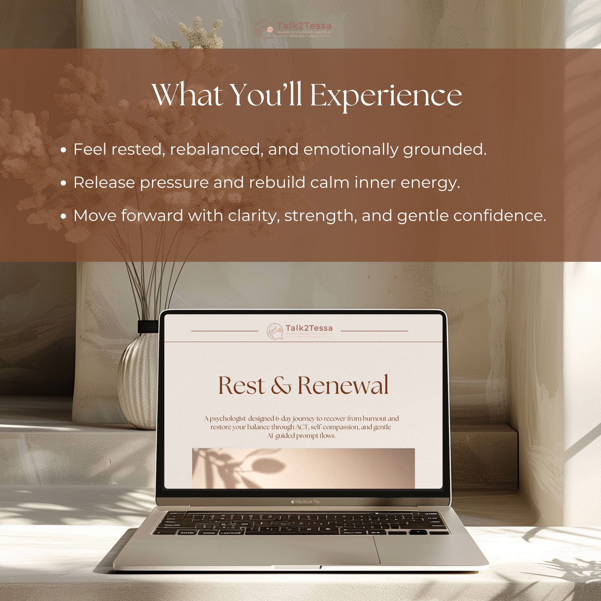 What You’ll Experience visual for the Rest & Renewal – 6-Day Burn-out Recovery Program by Talk2Tessa — psychologist-guided AI self-help workbook for burnout recovery, emotional balance, and gentle mental renewal. Highlights include learning to release pressure, restore calm inner energy, and move forward with clarity and grounded strength. Digital printable PDF for stress relief, mindfulness, and ACT-based self-care, compatible with ChatGPT or Gemini.