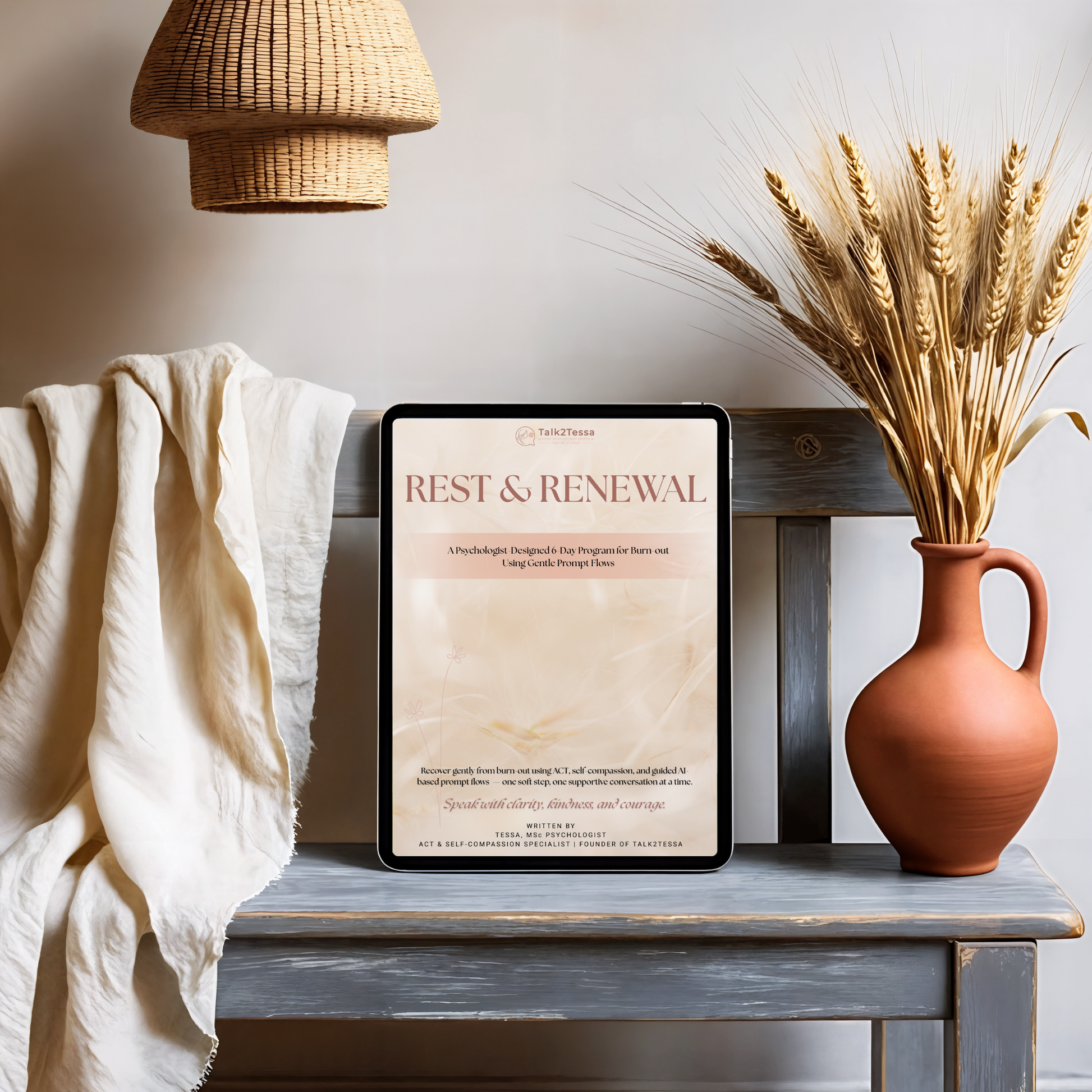 Cover image for the 6-Day Burnout Recovery Program 'Rest & Renewal' by Tessa, MSc, psychologist, focused on ACT and self-compassion to restore energy and promote emotional well-being in a personal growth workbook design.