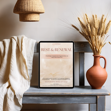 Cover image for the 6-Day Burnout Recovery Program 'Rest & Renewal' by Tessa, MSc, psychologist, focused on ACT and self-compassion to restore energy and promote emotional well-being in a personal growth workbook design.