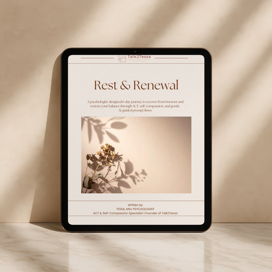 Cover image for Rest & Renewal – A Psychologist-Designed 6-Day Program for Burnout Using Gentle guided prompts by Talk2Tessa, combining ACT, self-compassion, and AI-guided self-help for burnout recovery.