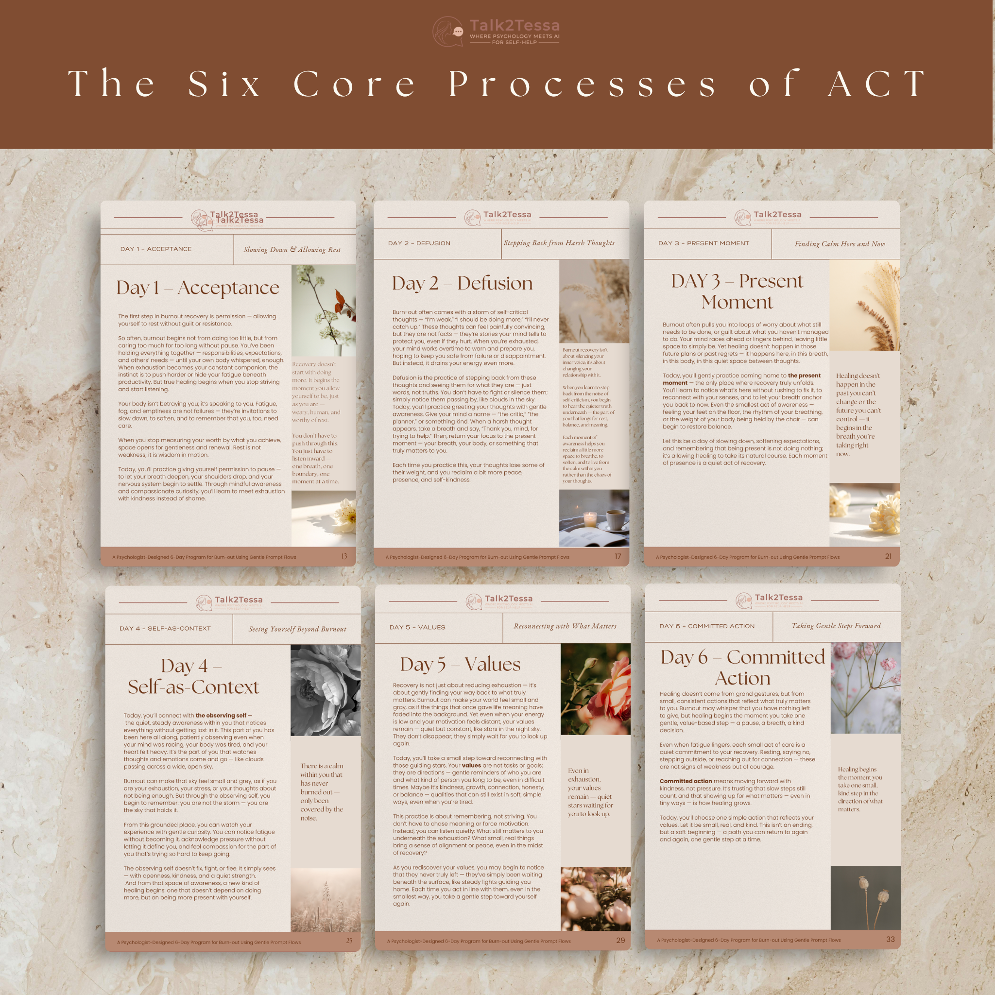 Overview of the six ACT processes from Rest & Renewal by Talk2Tessa, highlighting acceptance, defusion, present-moment awareness, self-as-context, values, and committed action for burnout recovery.