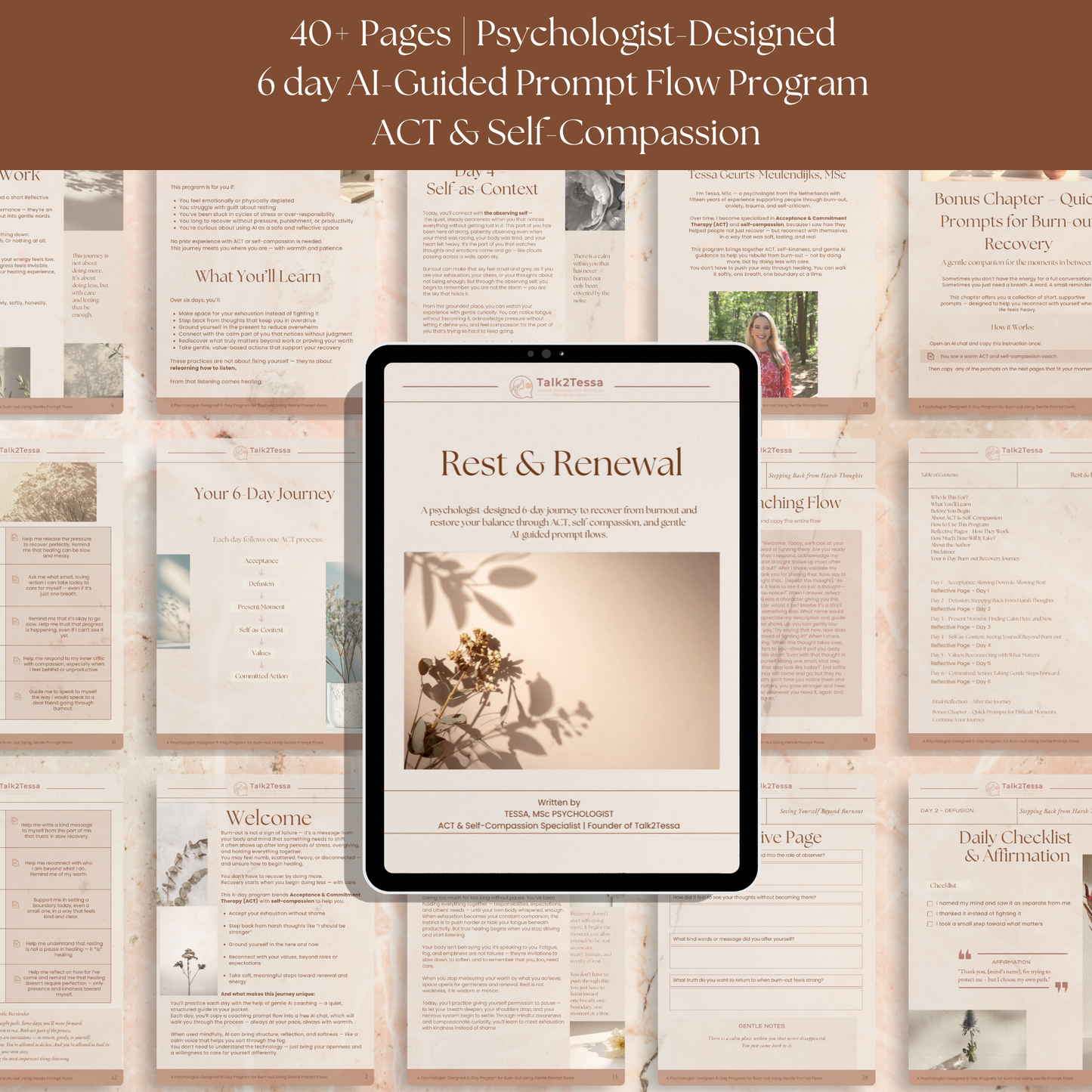 Inside preview of Rest & Renewal by Talk2Tessa, showing psychologist-designed ACT and self-compassion exercises that support gentle burnout recovery and emotional balance.