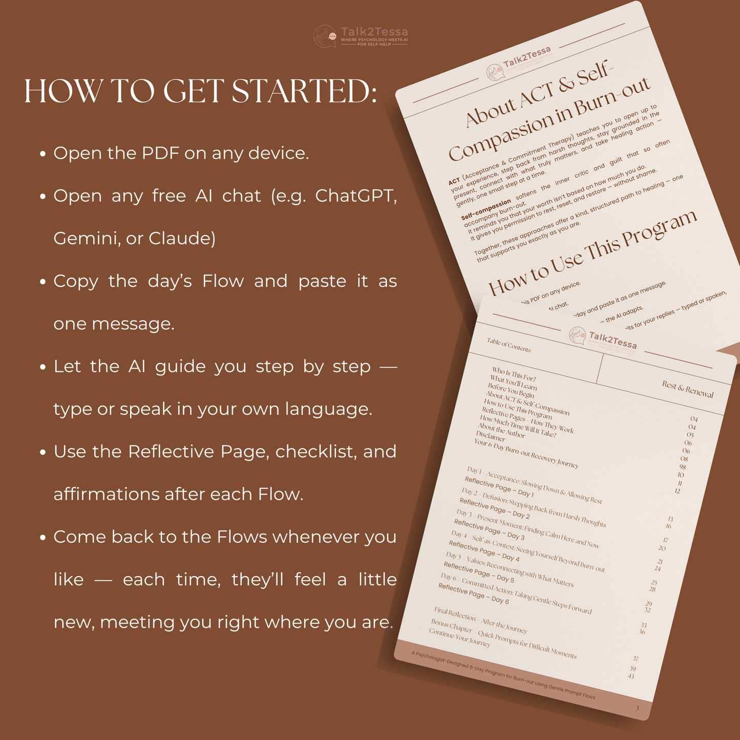 Getting started page from Rest & Renewal by Talk2Tessa, guiding readers to use ACT-based guided prompts for burnout healing and mindful self-reflection.