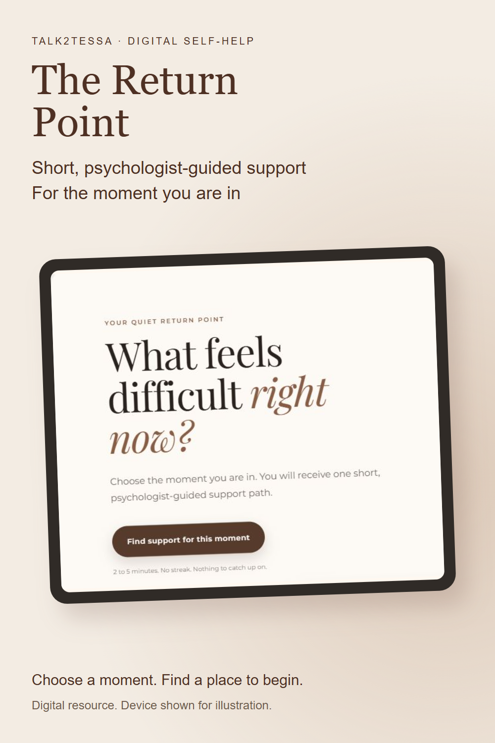 Product preview of The Return Point showing its real support interface in an illustrative tablet. Short, psychologist-guided support for the moment you are in. Digital resource; device is not included.