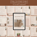 Inside pages of the Speak With Clarity assertiveness workbook, ACT-based exercises, self-compassion reflections, and AI coaching prompt flow for clear communication and confident self-expression.