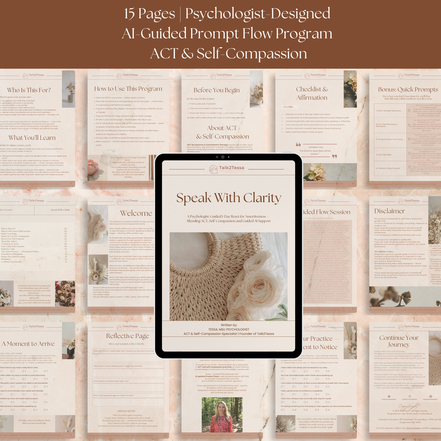 Inside pages of the Speak With Clarity assertiveness workbook, ACT-based exercises, self-compassion reflections, and psychologist-guided prompts for clear communication and confident self-expression.