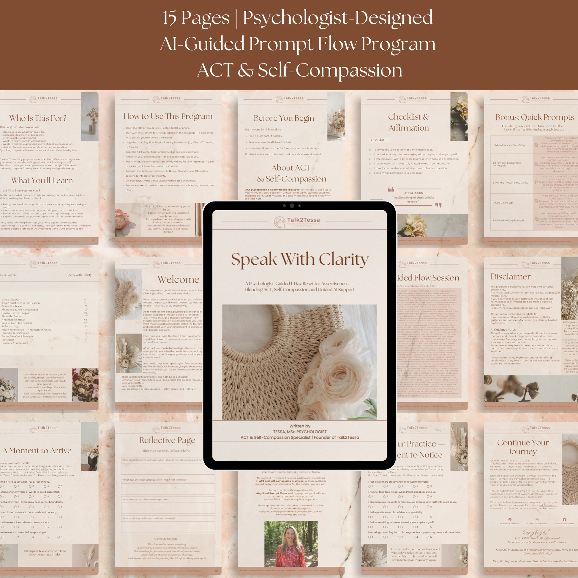 Inside pages of the Speak With Clarity assertiveness workbook, ACT-based exercises, self-compassion reflections, and AI coaching prompt flow for clear communication and confident self-expression.