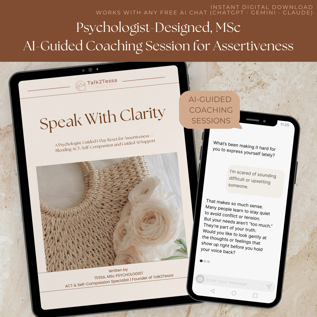 Digital workbook cover for ‘Speak With Clarity’ 1-Day Assertiveness Program by Talk2Tessa, ACT and self-compassion based assertiveness coaching, AI-guided prompt flow for clear communication and boundaries.