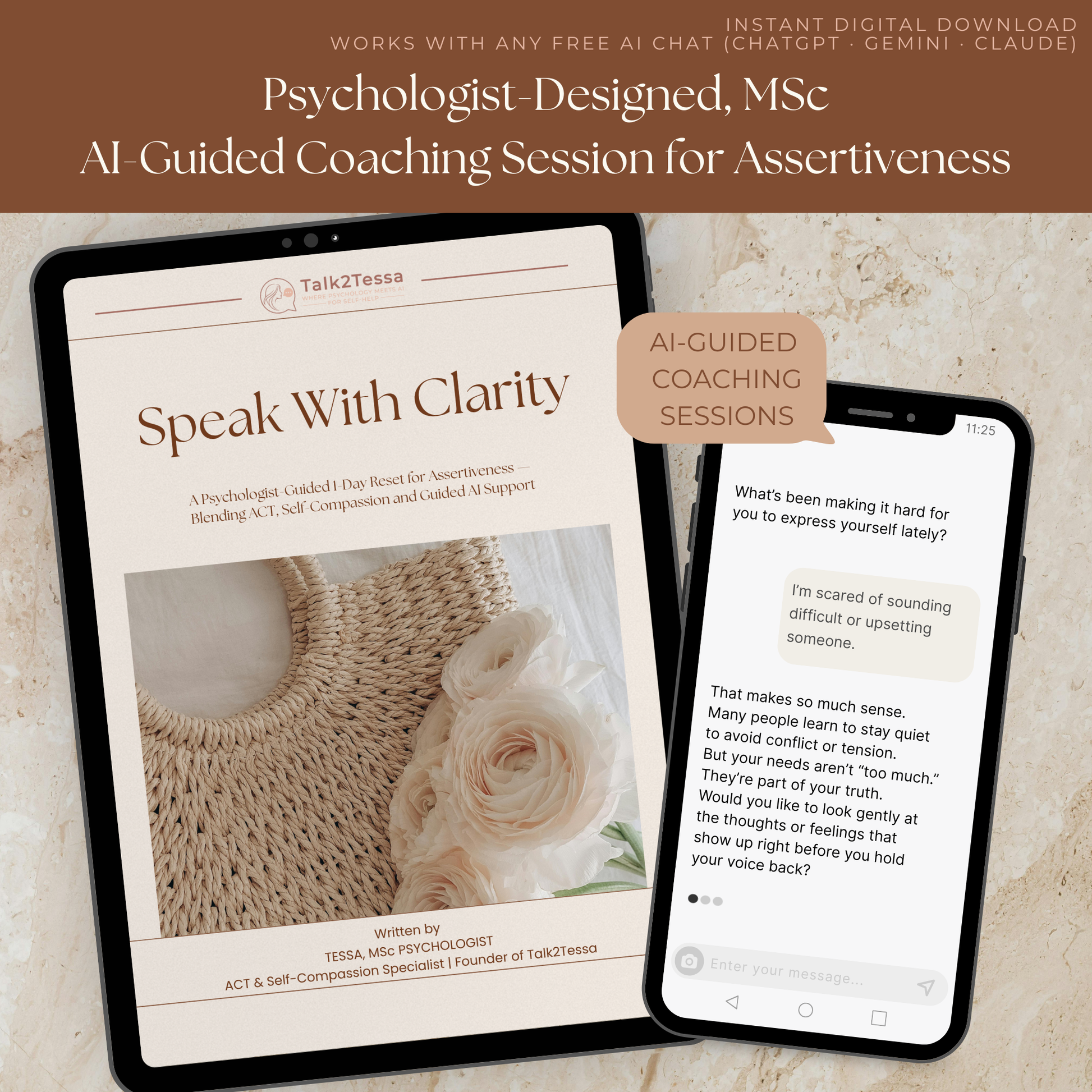 Example dialogue mock-up of AI-guided assertiveness coaching session from the Speak With Clarity 1-Day Assertiveness Program by Talk2Tessa, ACT-based communication support, self-compassion prompt flow for boundaries, confidence, and clear self-expression in an AI chat conversation.