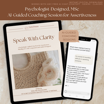 Example dialogue mock-up of AI-guided assertiveness coaching session from the Speak With Clarity 1-Day Assertiveness Program by Talk2Tessa, ACT-based communication support, self-compassion prompt flow for boundaries, confidence, and clear self-expression in an AI chat conversation.