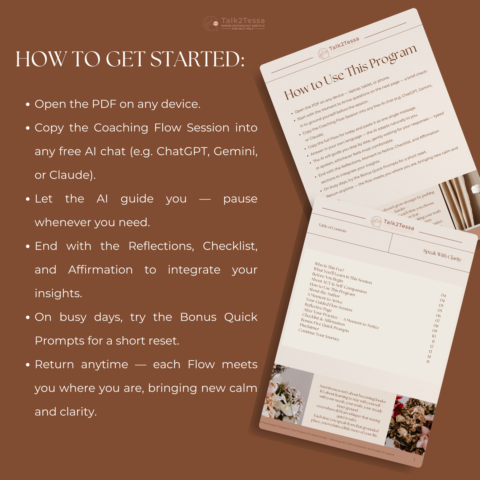 How to Get Started mock-up for the Speak With Clarity 1-Day Assertiveness Program by Talk2Tessa, showing step-by-step instructions for using the digital ACT workbook, AI coaching prompt flow, communication clarity tools, confidence-building exercises, and self-expression guidance.