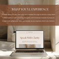 What You’ll Experience mock-up for the Speak With Clarity 1-Day Assertiveness Program by Talk2Tessa, showing benefits of assertiveness training, confidence building, communication clarity, boundary-setting skills, ACT-based self-help exercises, and AI-guided coaching prompt flows.