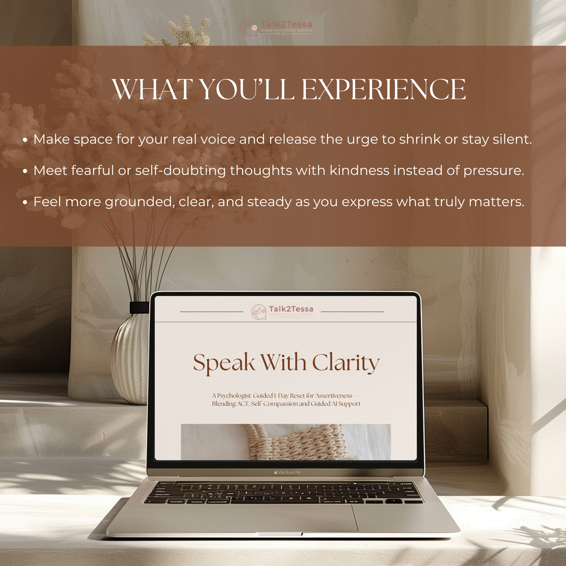 What You’ll Experience mock-up for the Speak With Clarity 1-Day Assertiveness Program by Talk2Tessa, showing benefits of assertiveness training, confidence building, communication clarity, boundary-setting skills, ACT-based self-help exercises, and AI-guided coaching prompt flows.