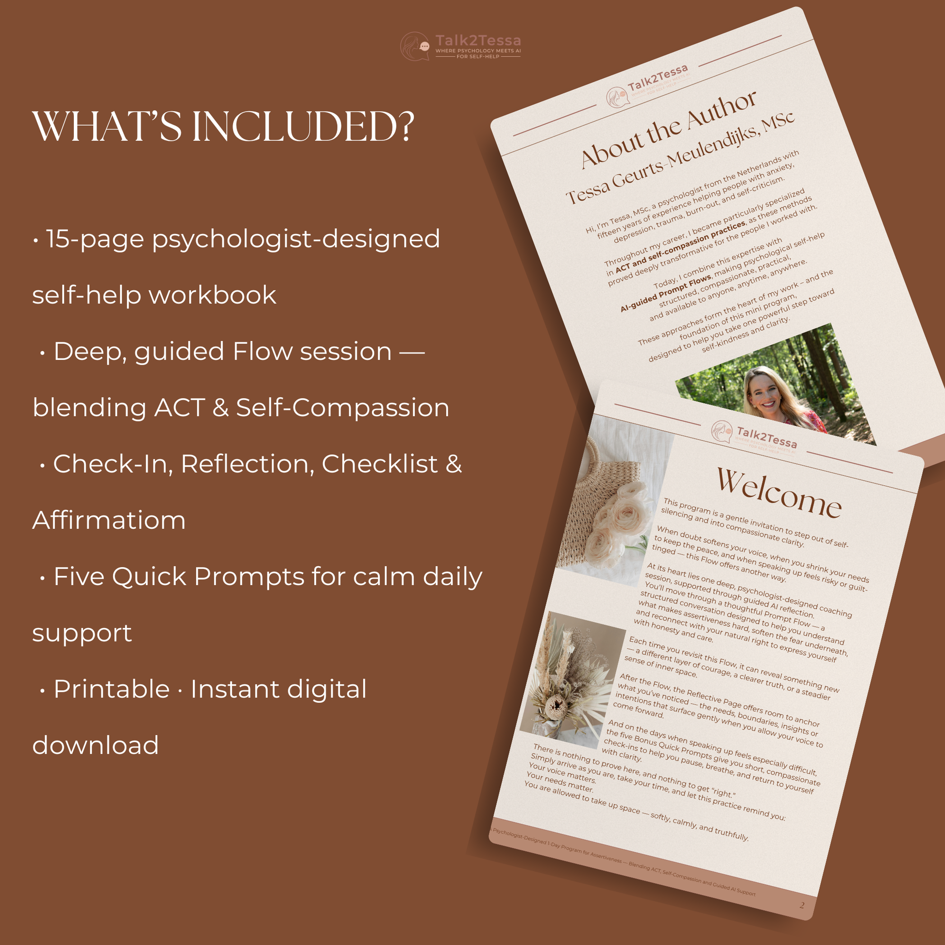 What’s Included mock-up for the Speak With Clarity 1-Day Assertiveness Program by Talk2Tessa, showing digital ACT workbook, AI coaching prompt flow, reflection pages, checklists, affirmations, and assertiveness tools for confidence, boundaries, and clear communication.